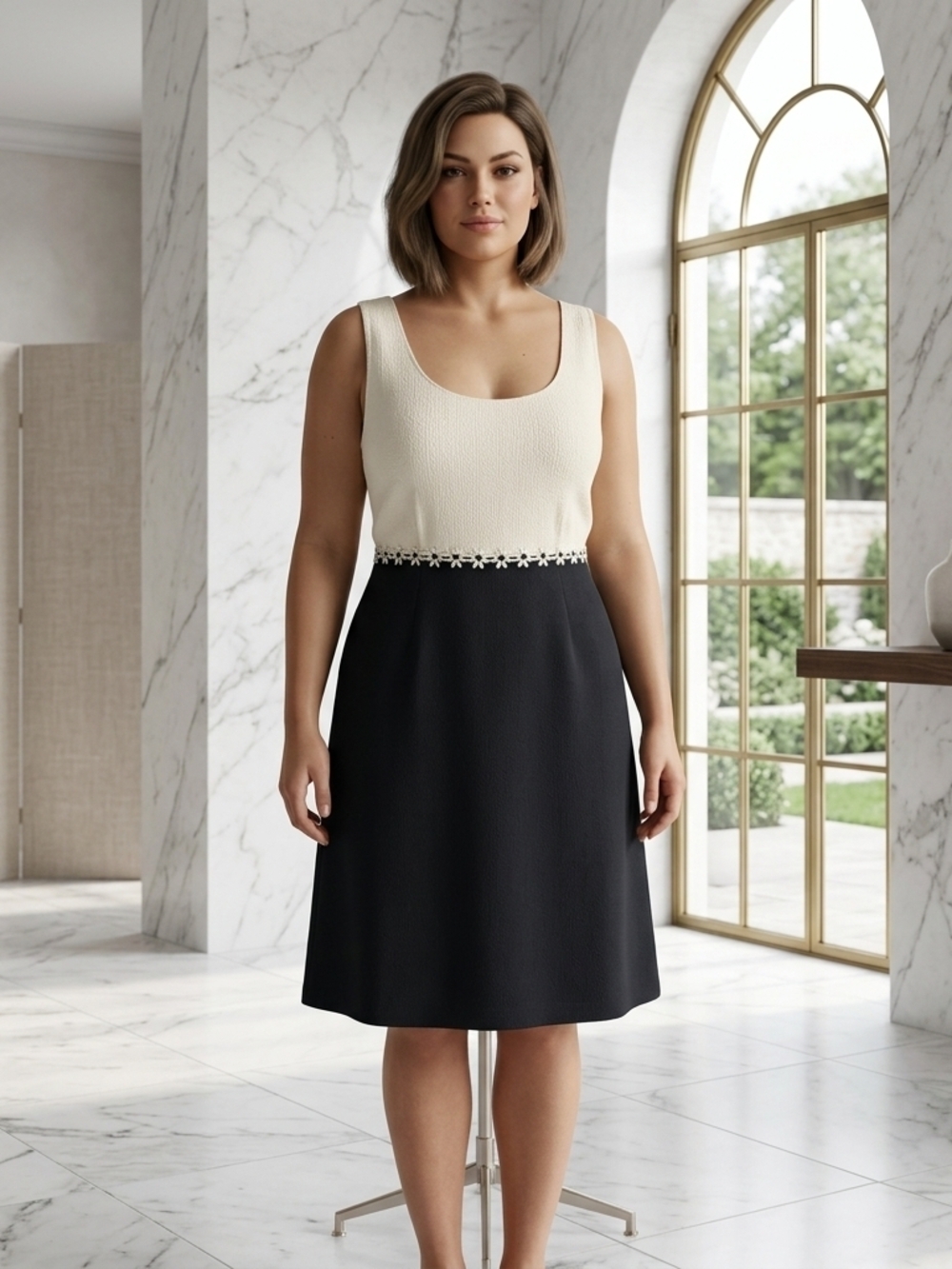 Two-Tone Cream and Black A-Line Skirt Dress